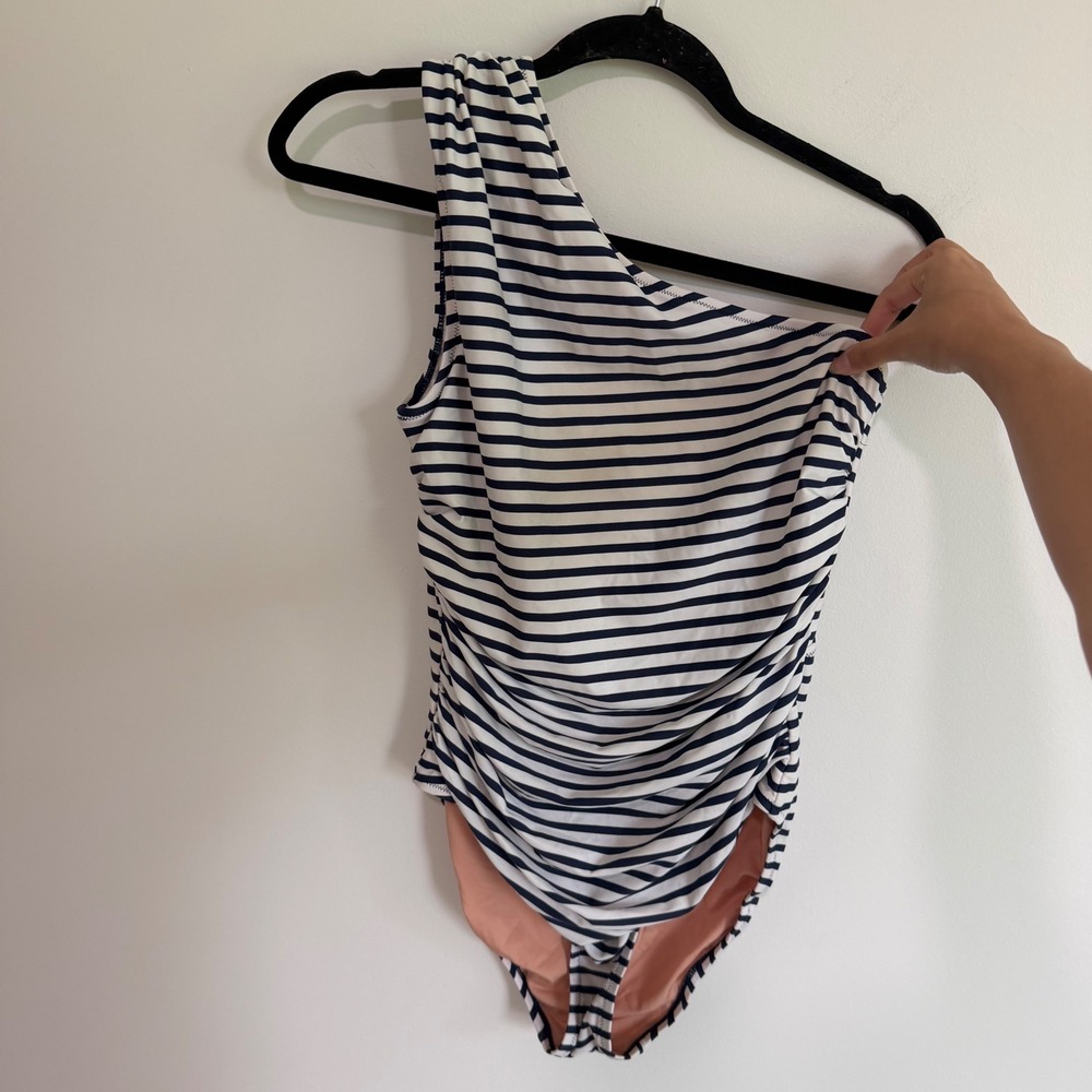 J.Crew Re-Imagined One Shoulder Ruched One Piece Swimsuit Navy White Striped 8